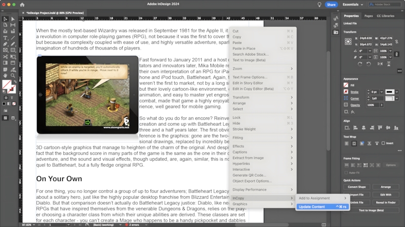 Giao diện của Adobe InCopy 2024 